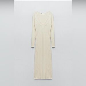 Zara Cream Long-Sleeve V-Neck Knit Midi Dress